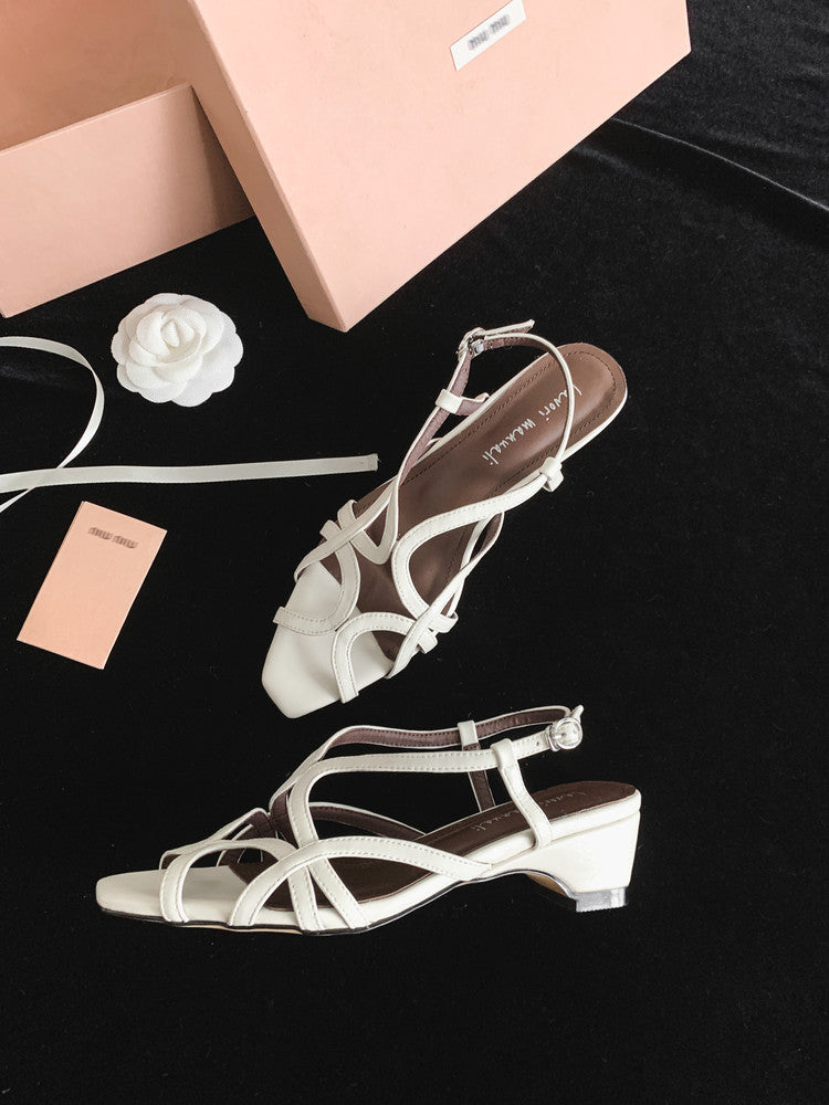 Karin Luna French Hollow Style Small Square Toe Chunky Heel Sandals