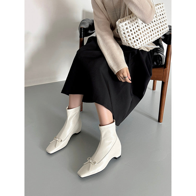 Karin Luna French Style Square Toe Bowknot Hidden Wedge Slim Boots