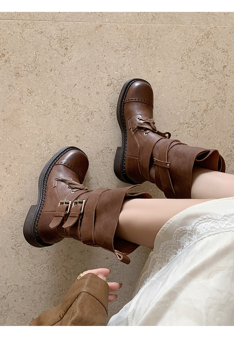 Karin Luna Bestseller Hot-Selling Large Tube Leather Belt Buckle Round Toe Thick-Soled Short Boots