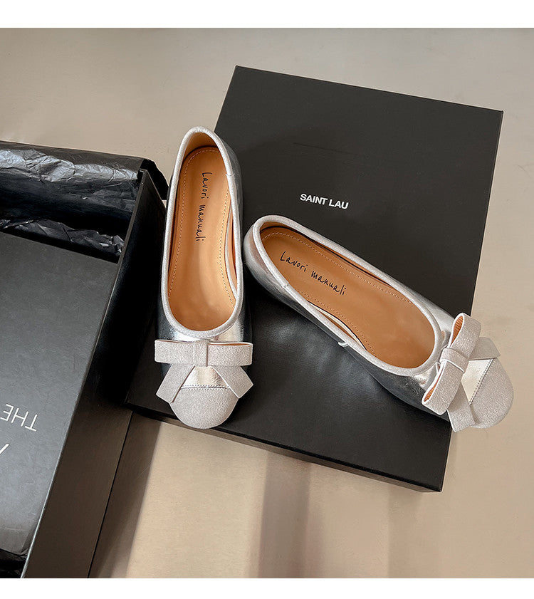 Karin Luna In Stock Spot Goods    Color Block Sweet Bowknot Hidden Wedge Shallow Mouth Flats