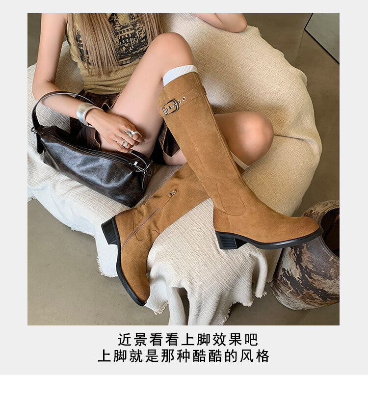 Karin Luna Chunky Heels Round Head Belt Buckle  Fashionable Suede Boots