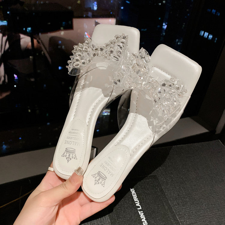 Karin Luna In Stock In Stock Transparent Bow Square Toe Suede Open Toe Sandals