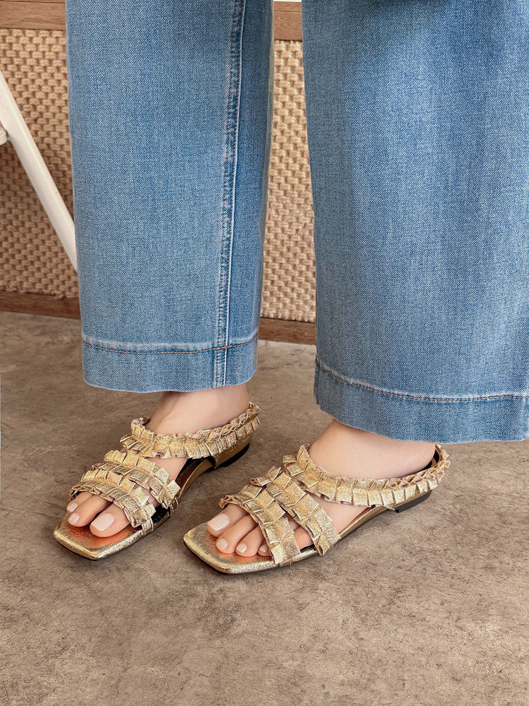 Karin Luna In Stock   Spot Goods  Niche Design Square-Toed Pleated Flat Slippers