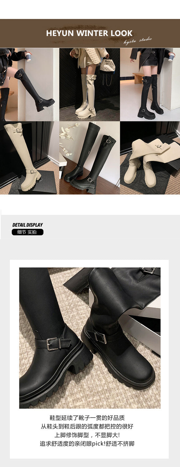 Karin Luna In Stock   Thick Sole Round Toe Basic Versatile Casual Long Boots