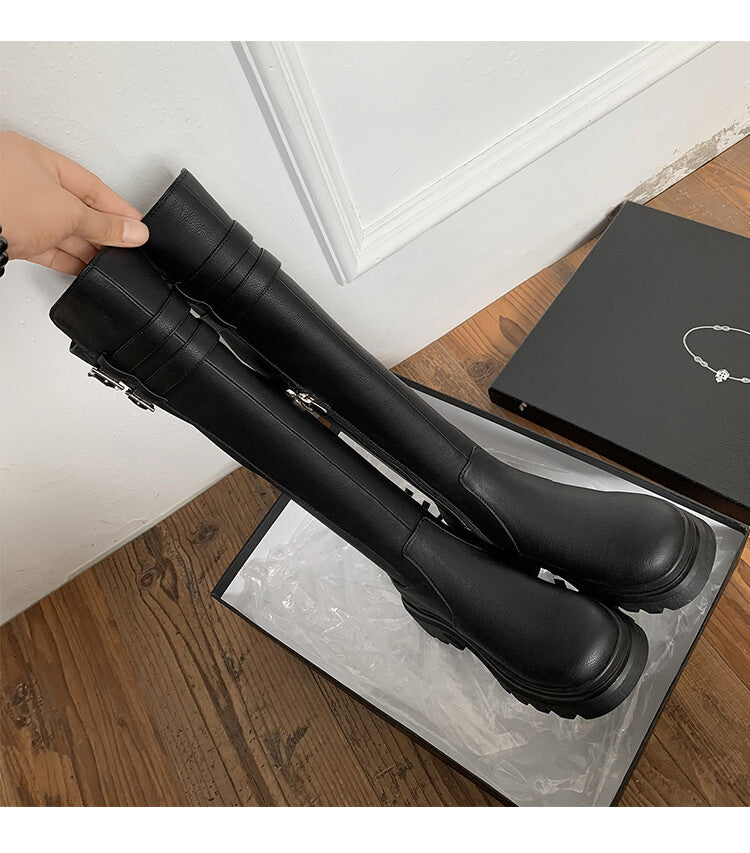 Karin Luna In Stock Best-selling in stock   Super Soft Sheepskin  Round Toe Thick Sole Vintage Belt Buckle Long Boots