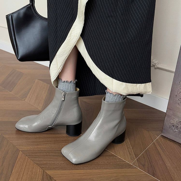 Karin Luna French Style Square Toe Chunky Heel Ankle Boots
