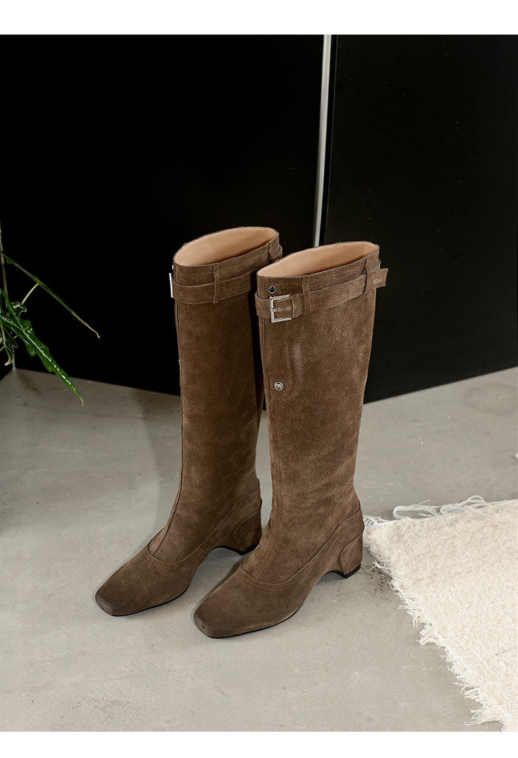 Karin Luna Belt Buckle Elegant Chunky Heel Suede Western Boots