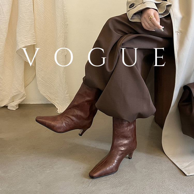 Karin Luna In Stock Spot Goods Top Layer Stone Pattern Cowhide Textured Small Square Toe Straight Short Boots