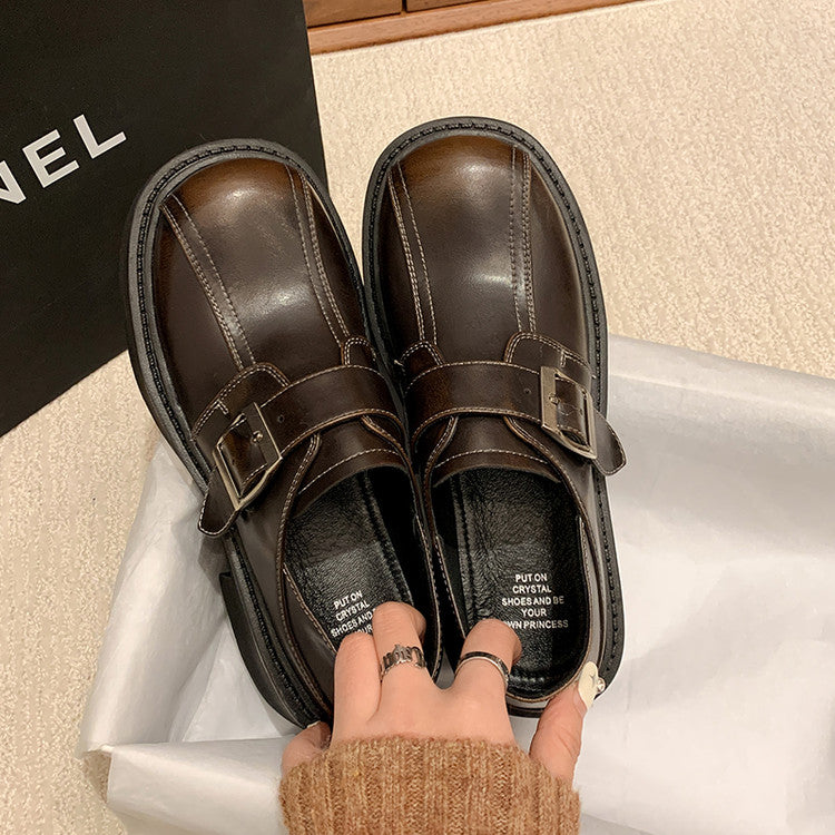 Karin Luna In Stock Spot Goods Metal Round Toe Cow Leather Thick Sole Flats