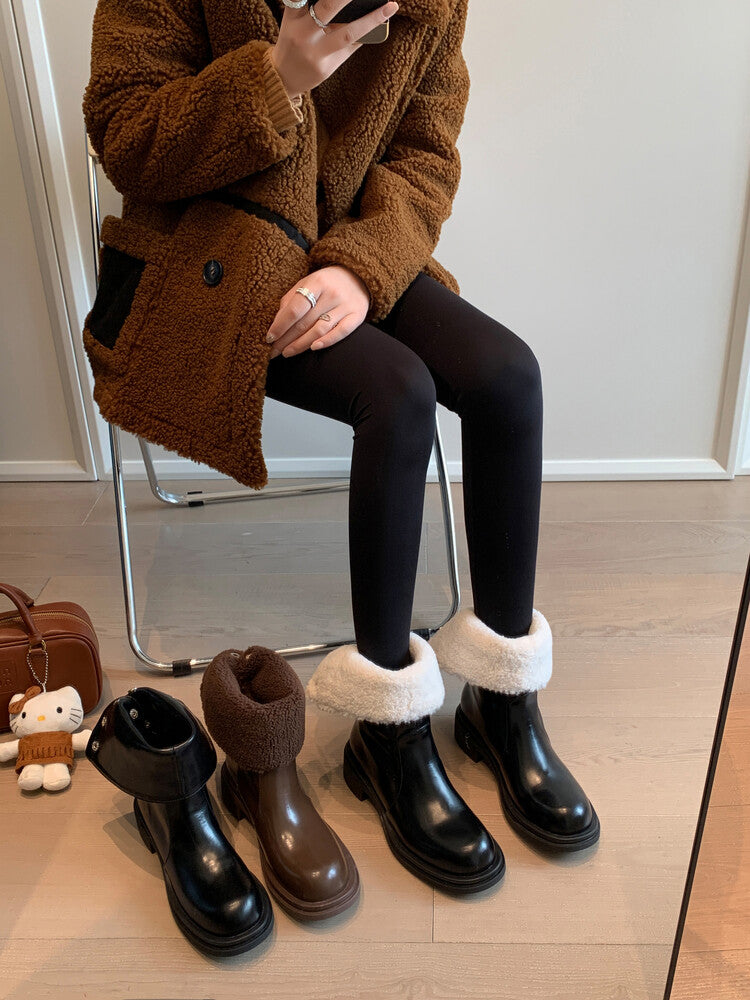 Karin Luna Classic Basic Style   Convertible Foldable Hidden Buckle Snow Fur Shoes Full cowhide Basic Flat Short Boots