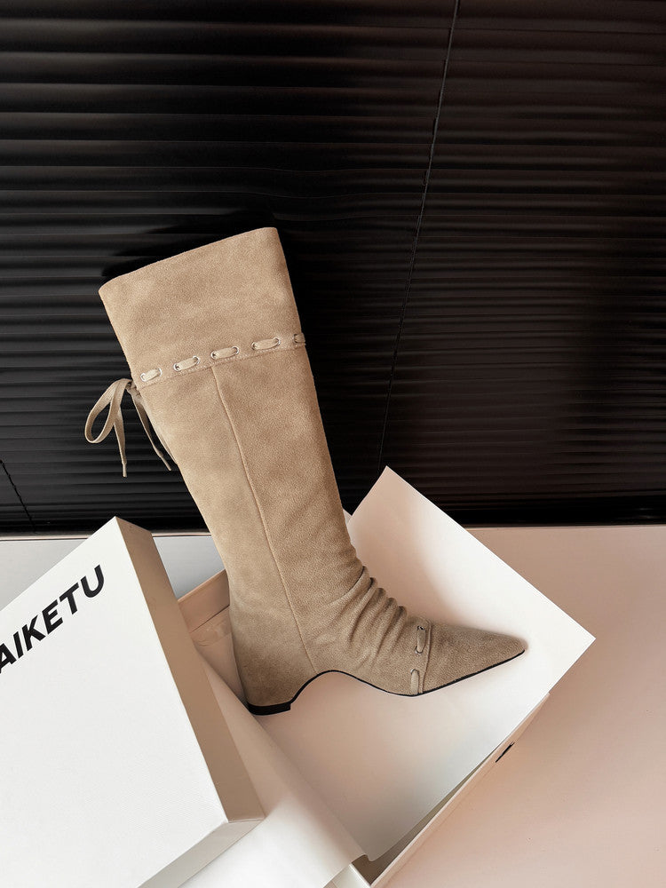 Karin Luna Elegant Style  Pointed Toe Pleated Hidden Wedge Western Boots
