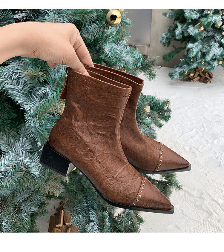 Karin Luna In Stock In Stock Slim Boots Series~Pointed Toe Rivet Slim Short Boots