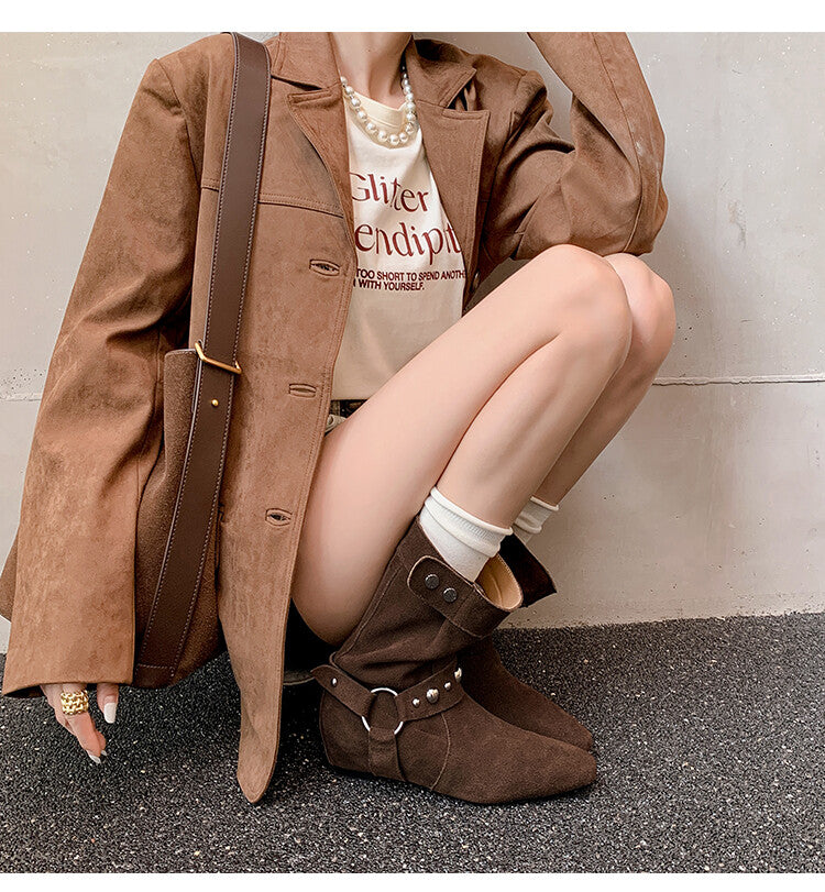 Karin Luna has prepared stock  Hot-Selling Retro Pointed Toe Wedge Metal Buckle High Tube Western Boots