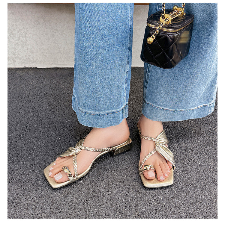 Karin Luna  Square Toe Braided Cross Thick Heel Flat Slippers