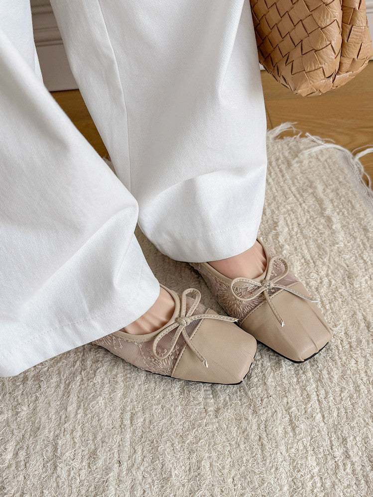 Karin Luna In Stock In Stock  Wrinkled Square Toe Patchwork Breathable Mesh Bow Granny Shoes