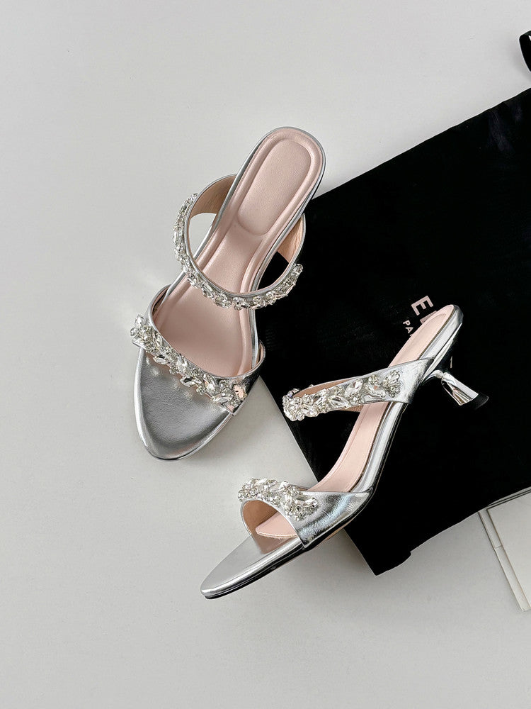 Karin Luna Exquisite Round Toe One-Strap Rhinestone Thin Heel Slippers