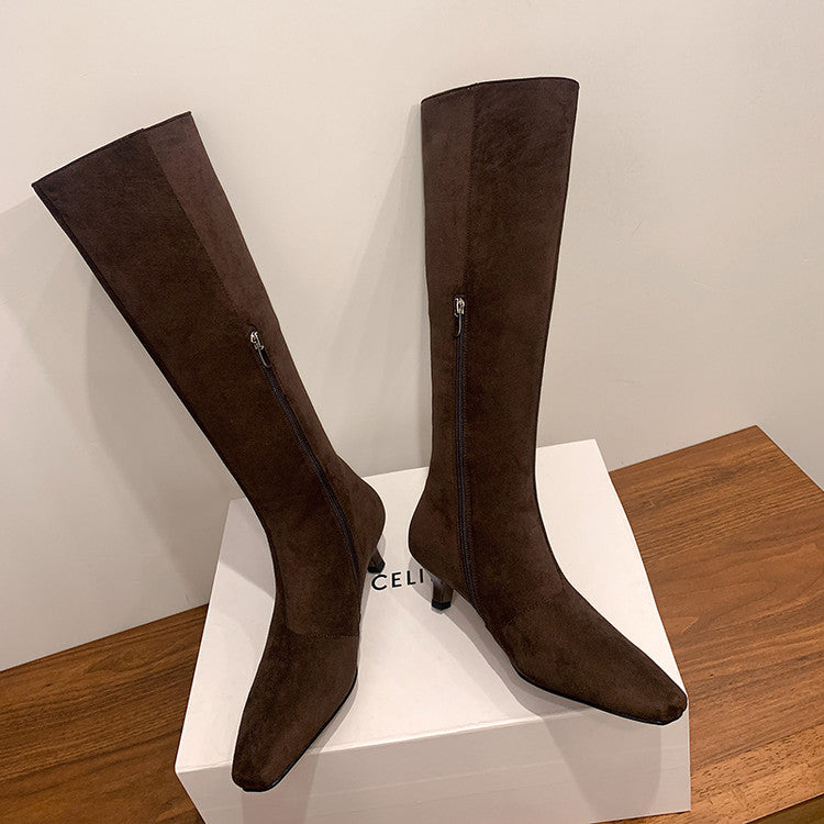 Karin Luna In Stock Spot Goods   Small Square Toe Thin Heel Elegant Slimming Long Boots