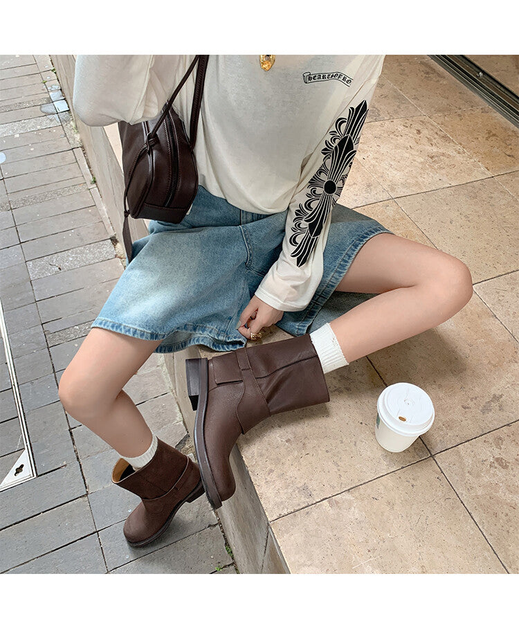 Karin Luna Belt Buckle Chunky Heel Fashion Short Boots
