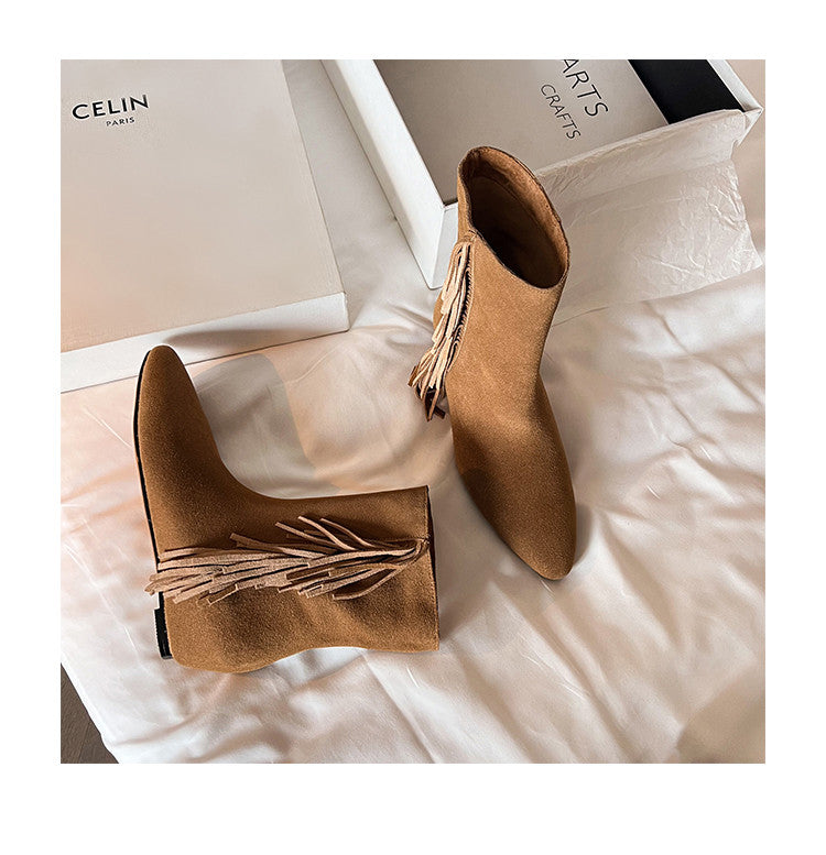 Karin Luna In Stock Spot Goods Tassel Square Toe Hidden Wedge Short Boots