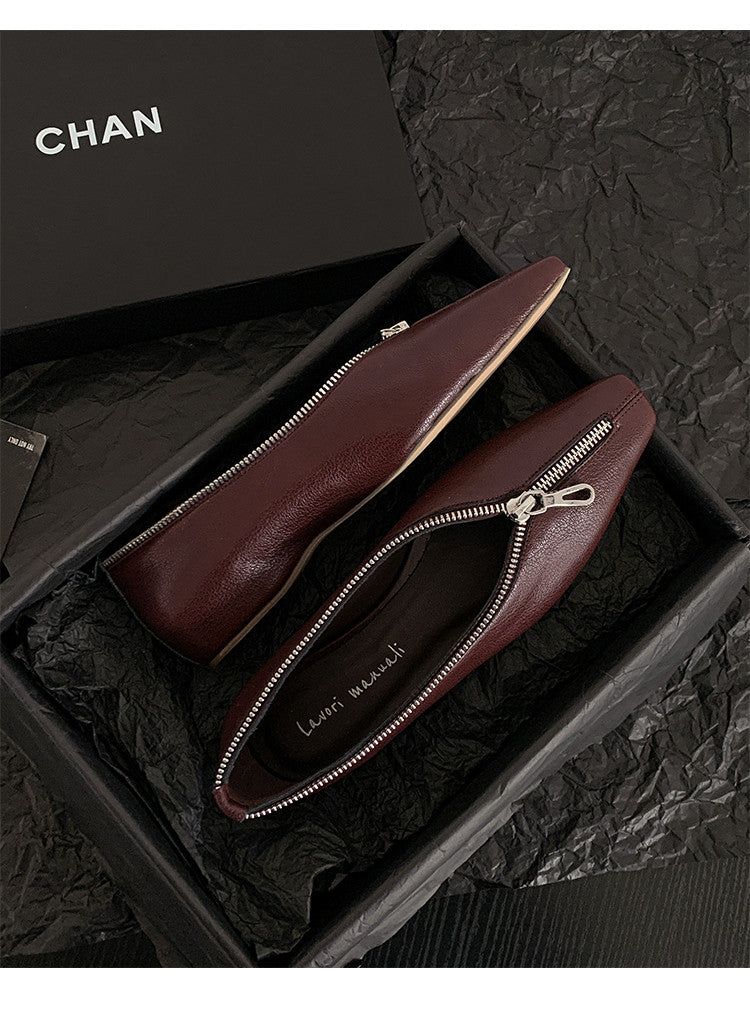 Karin Luna In Stock In Stock ~Basic Versatile Light Luxury Zipper Small Square Toe Flats