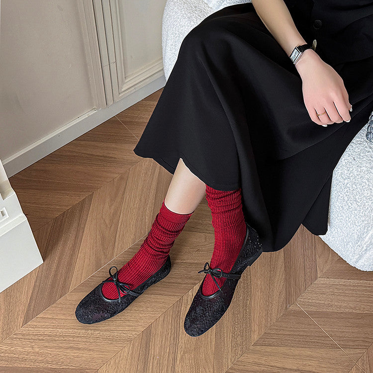 Karin Luna In Stock Spot Goods  Summer Breathable Retro Embroidered Bow Granny Shoes