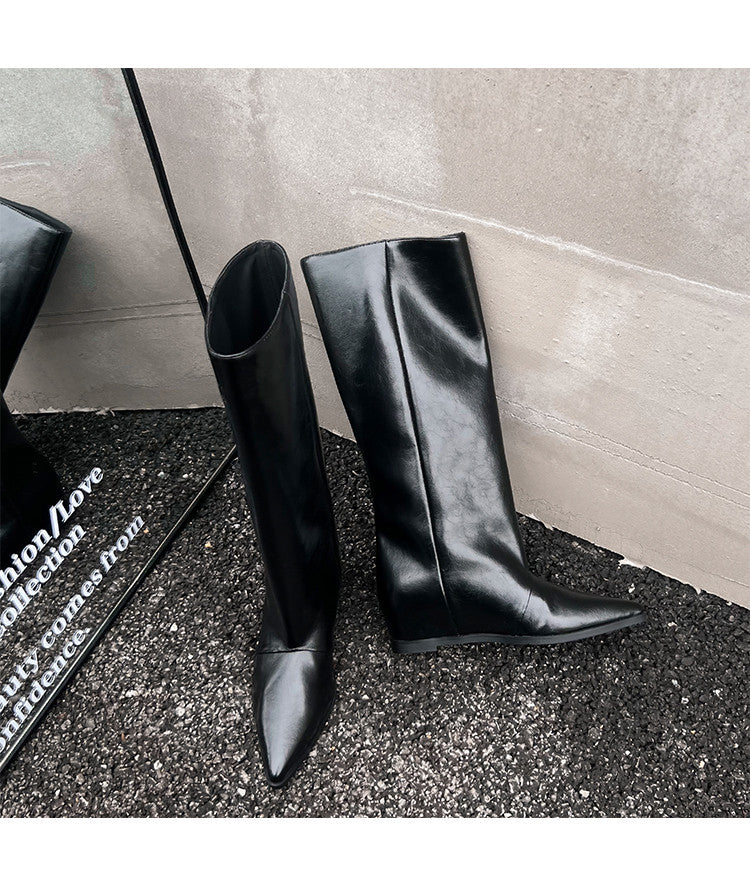 Karin Luna Elegant Style Pointed Toe Internal Height Increase Slip-On Long Boots