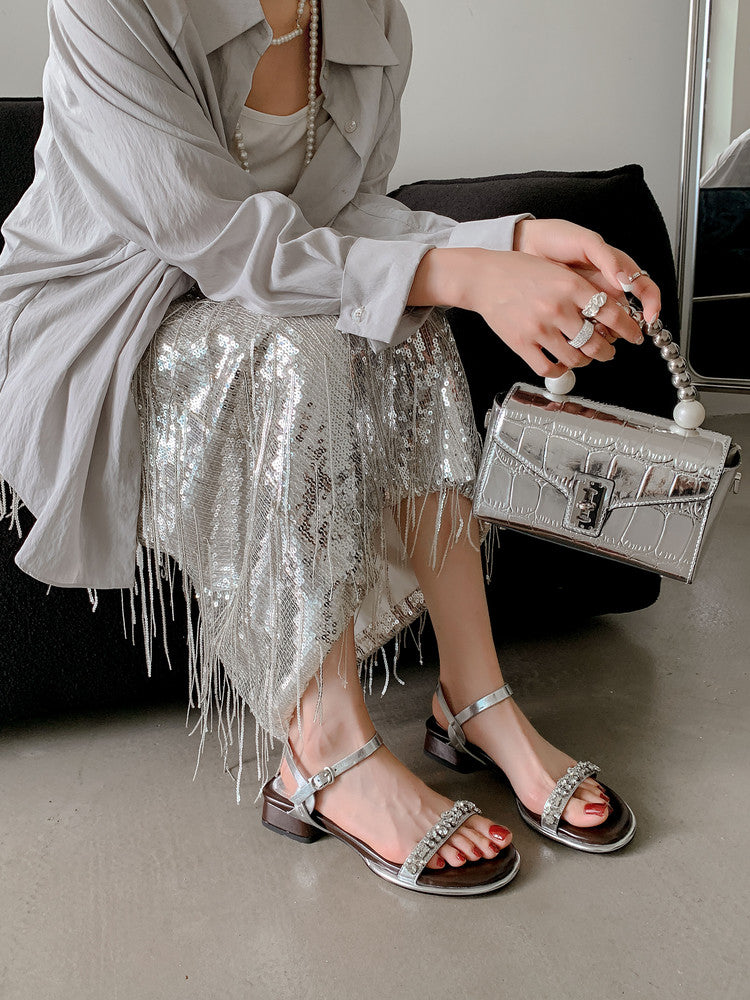 Karin Luna In Stock In Stock  Rhinestone Strap Round Toe Chunky Heel Sandals