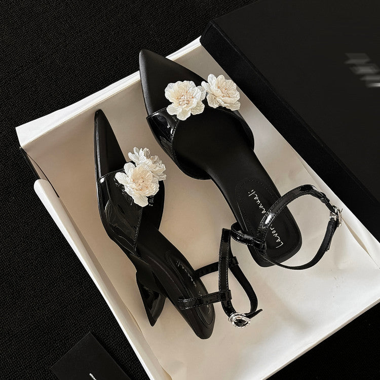 Karin Luna In Stock Spot Goods  Classic Camellia Pointed Toe Elegant Irregular Heel Sandals