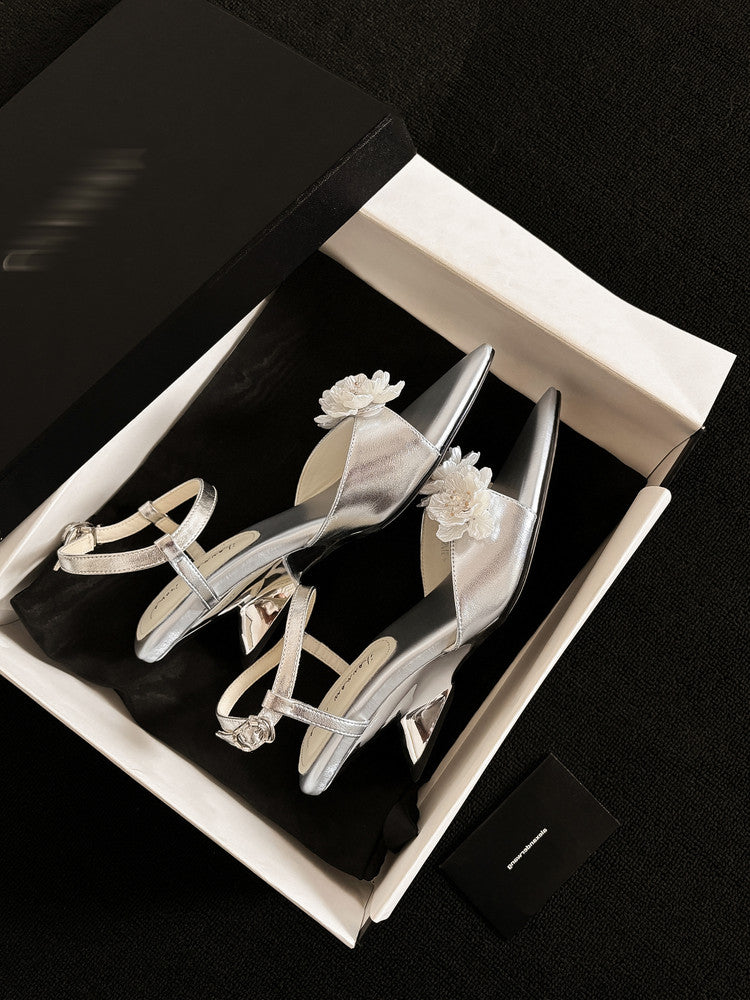 Karin Luna In Stock Spot Goods  Classic Camellia Pointed Toe Elegant Irregular Heel Sandals