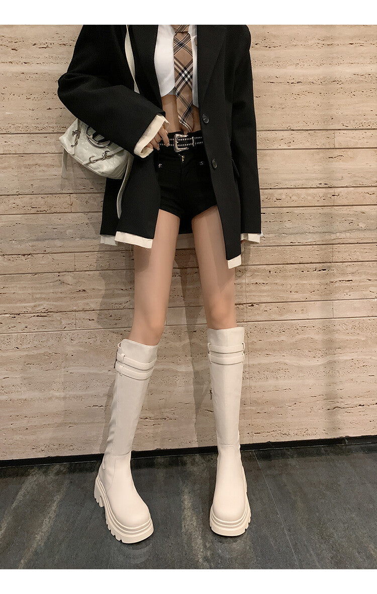 Karin Luna In Stock  Round Toe Thick Sole Casual Belt Buckle Long Boots