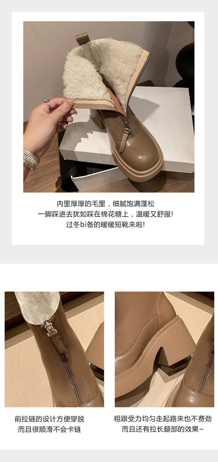 Karin Luna Basic Bestseller Timeless Thick Fur Lined Round Toe Thick Sole Cowhide Snow Boots