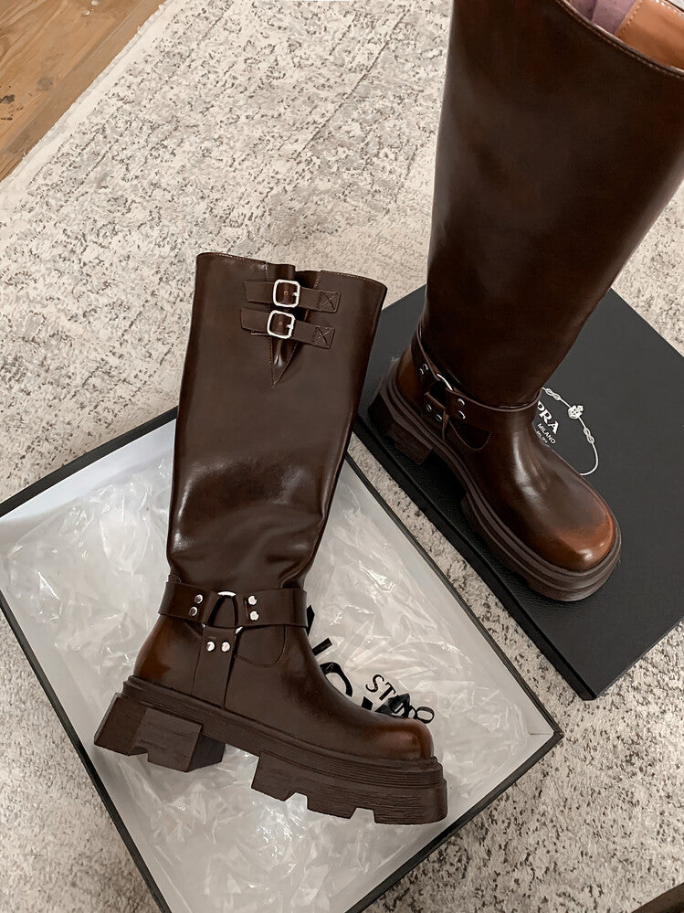 Karin Luna Full Cowhide  miumiu Popular Round Toe Thick Sole Beautiful and height-increasing