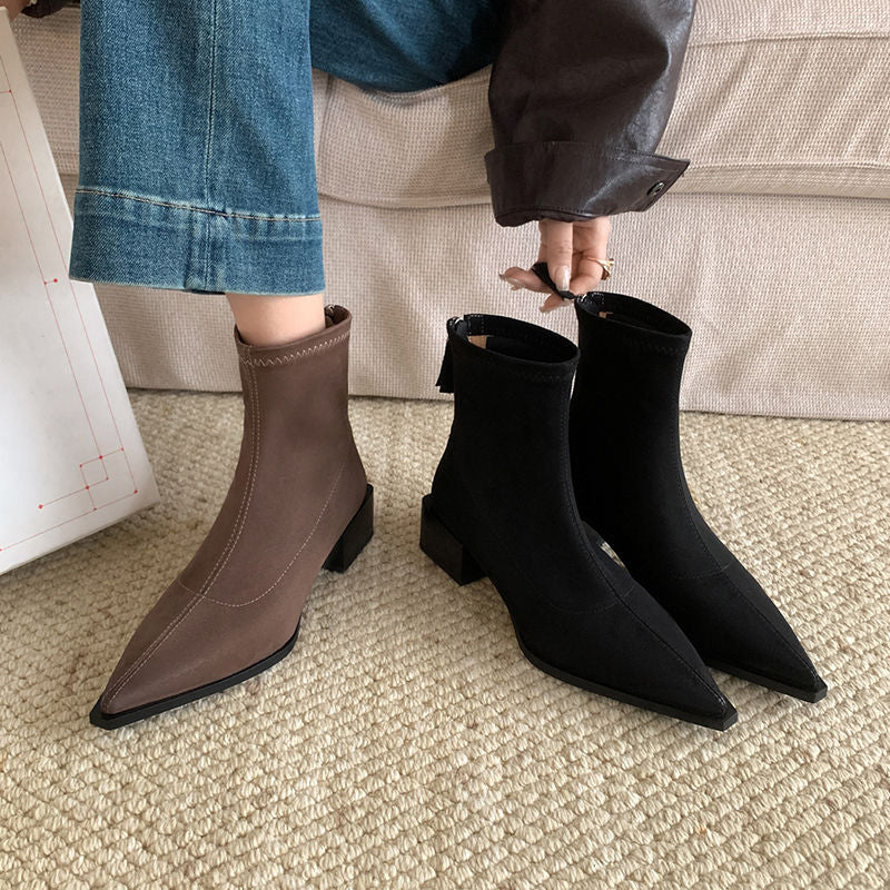 Karin Luna In Stock In Stock Elastic Slim Pointed Toe Chunky Heel Basic Ankle Boots