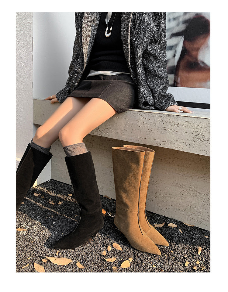 Karin Luna In Stock Spot Goods Retro Cowhide Pointed Toe Stiletto Elegant Long Boots
