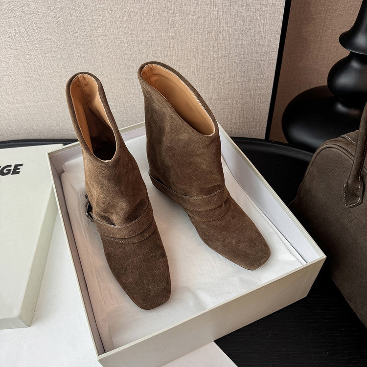 Karin Luna Data Hot Item Square Toe Hidden Wedge Belt Buckle Suede Ankle Boots