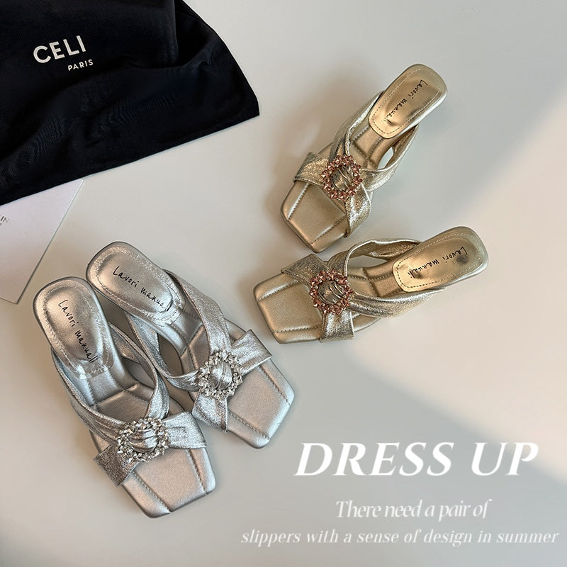 Karin Luna In Stock In Stock Elegant Square-Toe Cross-Strap Rhinestone Square-Toe Slippers