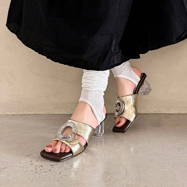 Karin Luna In Stock  Spot Goods  Large Rhinestone Square-Toed Crystal Heel Slippers