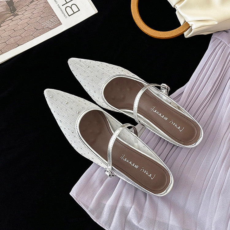 Karin Luna In Stock Spot Goods  Breathable Mesh Fabric Embellished Hand Drill Pointed Toe Slippers