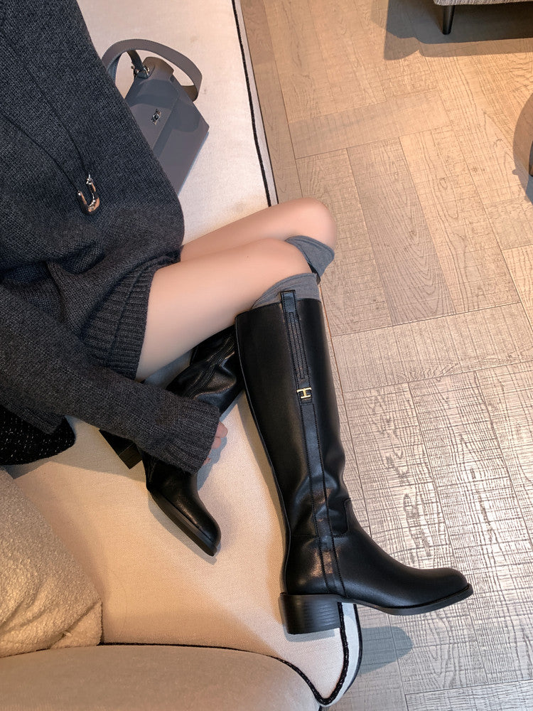 Karin Luna In Stock Spot Goods Basic Retro Square Toe Chunky Heel Riding Boots