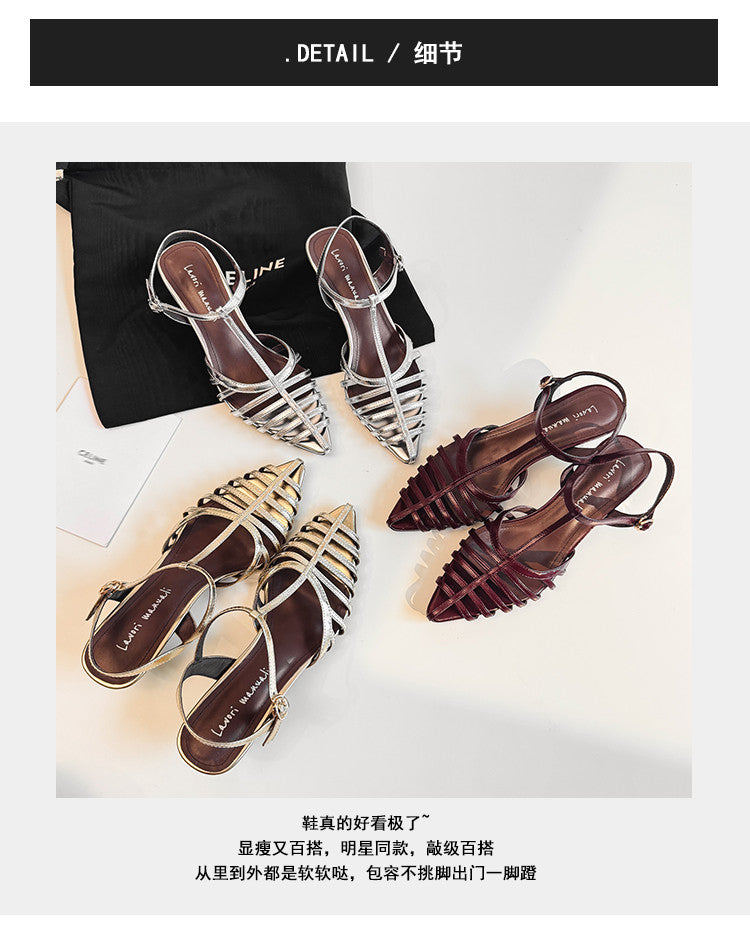 Karin Luna French Hollow Toe Metal Heel Elegant Sandals