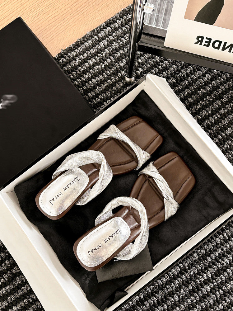 Karin Luna In Stock  Spot Goods   Square Toe One-Strap Irregular Heel Slippers