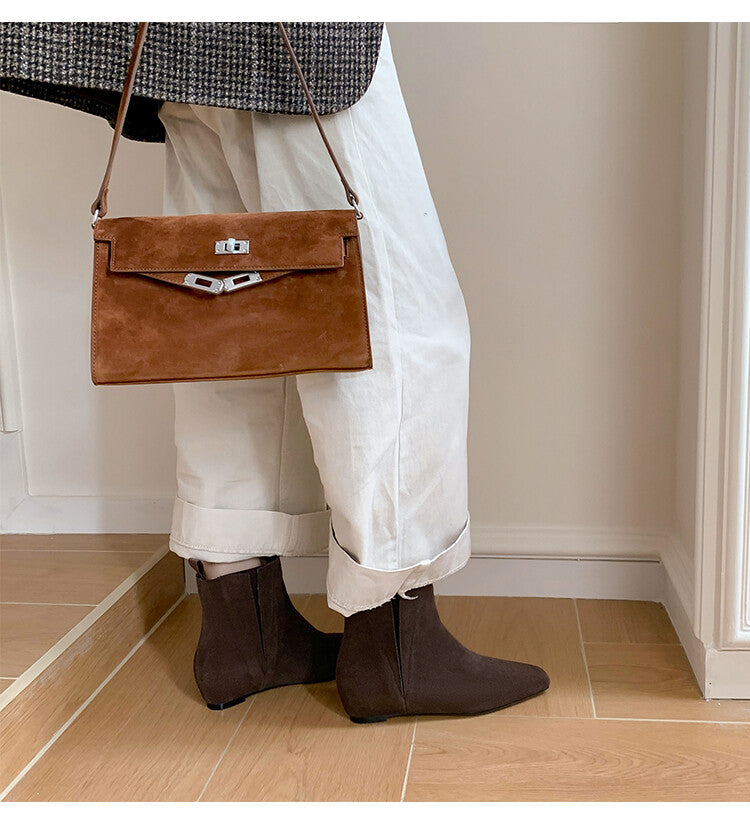 Karin Luna Classic Style Internal Height Increase Cowhide Leather Small Square Toe Short Fashion Boots
