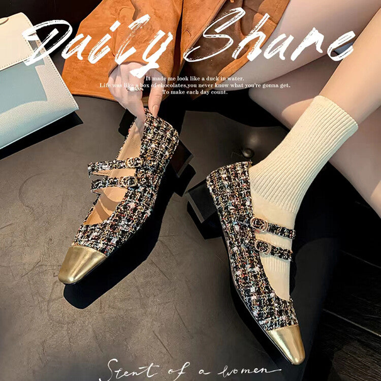 Karin Luna Classic Chanel Style~ Tweed Spring Limit Square Toe Chunky Heel Mary Jane Strap Single Shoes
