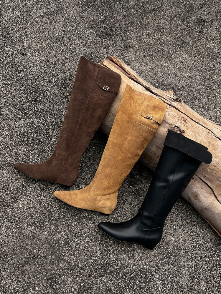 Karin Luna In Stock Spot Goods Vintage Cowhide Leather Two-Way Wear Pointed Toe Height-Increasing Long Boots