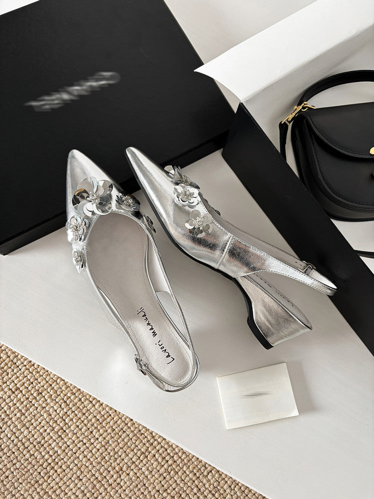 Karin Luna In Stock In Stock  Sequin Floral Pointed Toe Chunky Heel Closed-Toe Sandals