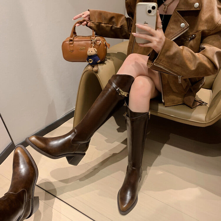 Karin Luna Hot-Selling Fasteners Sold as soon as listed Comes with data plan included Pointed Toe Chunky Heel Classic Full Cowhide Leather Riding Boots