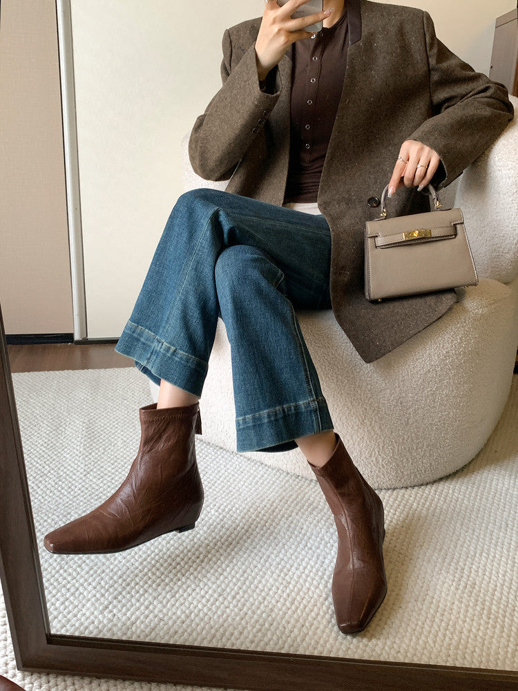 Karin Luna In Stock Spot Goods Slim Series  Hidden Wedge Small Square Toe Back Zipper Short Boots