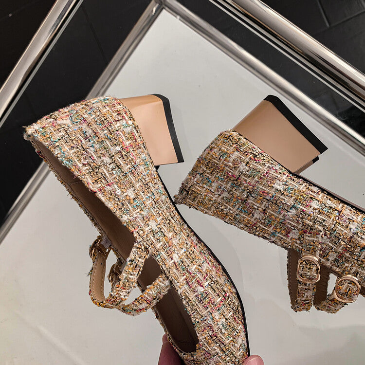 Karin Luna Classic Chanel Style~ Tweed Spring Limit Square Toe Chunky Heel Mary Jane Strap Single Shoes