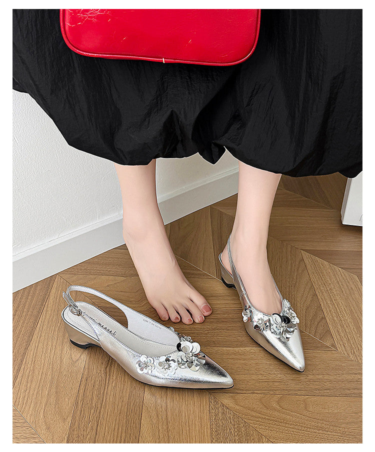 Karin Luna In Stock In Stock  Sequin Floral Pointed Toe Chunky Heel Closed-Toe Sandals