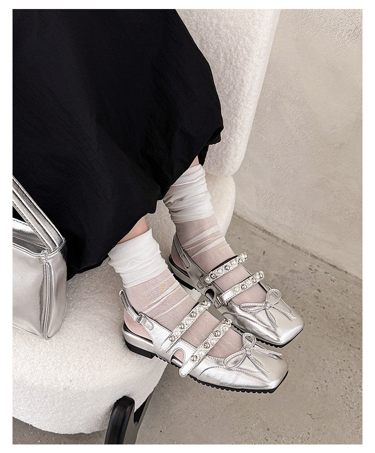 Karin Luna In Stock In Stock  Square Toe Bowknot Pearl Strap Closed-Toe Sandals
